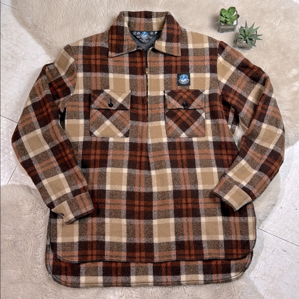 Swanndri Vintage Plaid Wool Pullover Jacket Shirt Half Zip Men’s Small Brown Tan